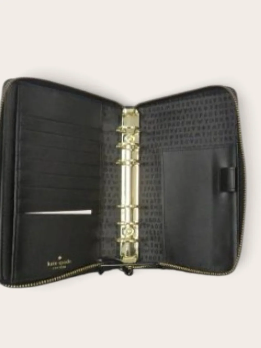 kate spade Wellesley black leather zip-around ring binder with gold rings